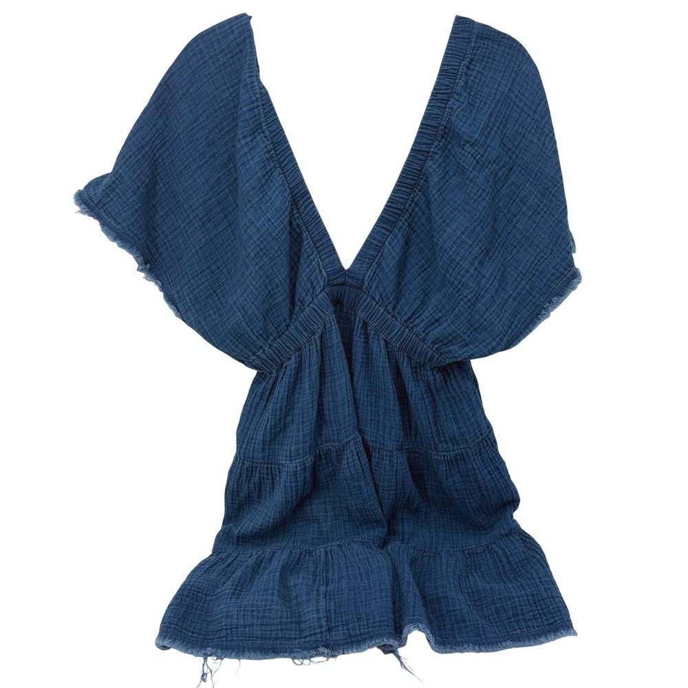 Aerie Blue Cotton Gauze Tiered Mini Dress V-Neck Frayed Hem Size M 1404